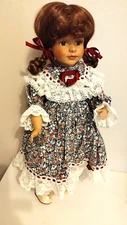 Poupee Porcelain Doll Approx 18" New Boxed Blue Floral Dress With Stand