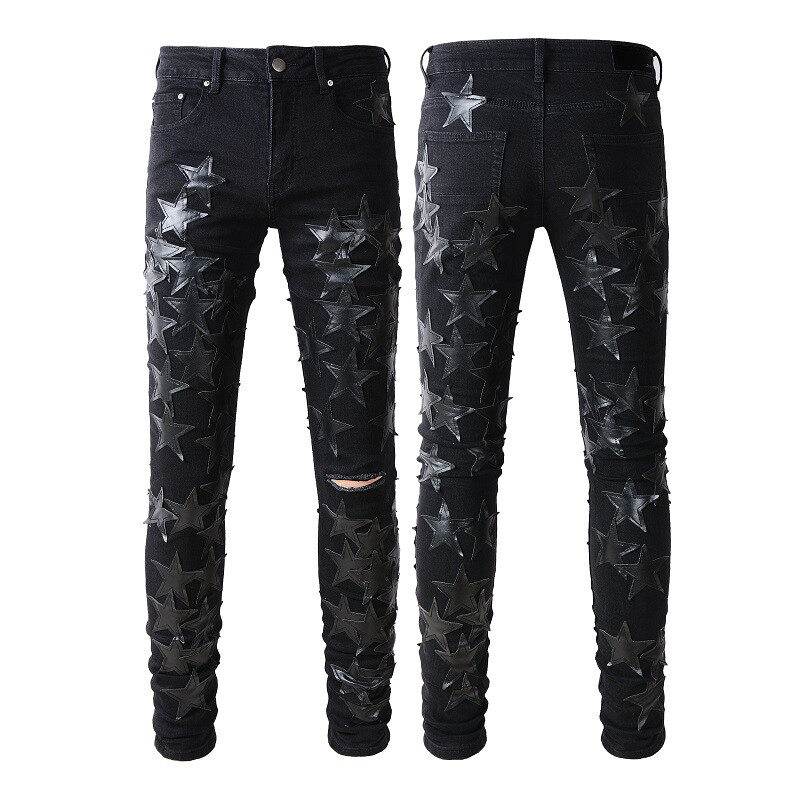 Men's Ripped STAR PU Patchwork Grunge Skinny stretch Denim Washed jeans