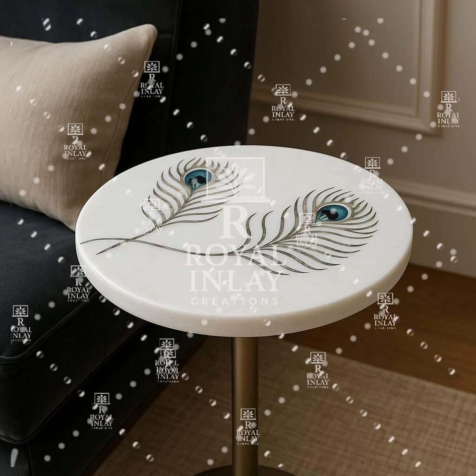 12" Peacock Feather Inlay Table – White Marble Round Handmade Side Table - Image 2 of 4