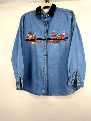Bobbie Bobbie brooks Christmas denim embroidered long sleeves chambray  shirt L