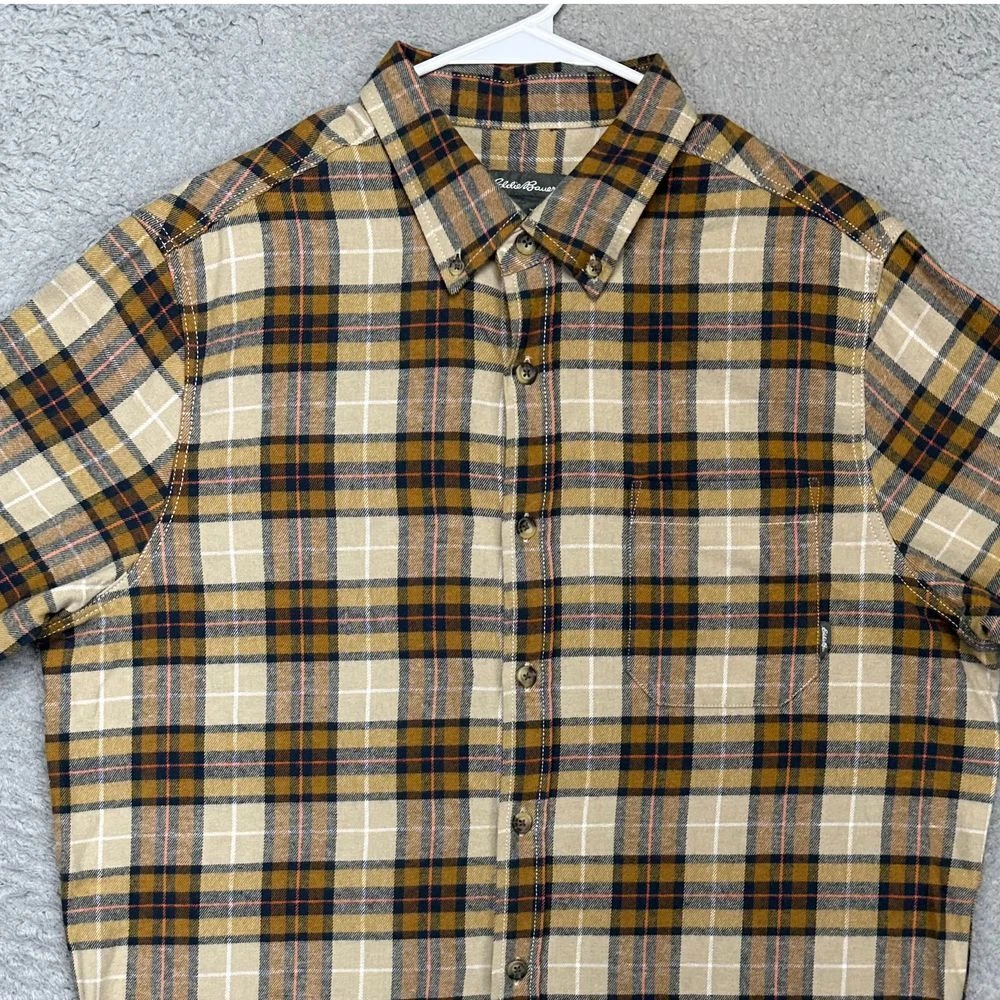 Eddie Bauer Flannel Shirt Adult Medium Gold Tan Plaid Button Down Pocket Men NEW