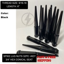 32Pc+Key Black 6" Tall Spike Lug Nuts 9/16-18 For 1994-2011 Dodge Ram 2500 3500