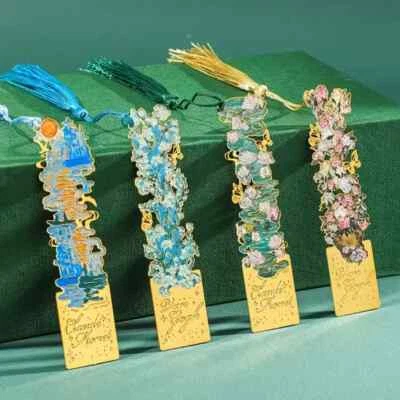 ART ECHO Art Van Gogh Monet Inspired Floral Tassel Gold Tone Metal Bookmark Backing Card
