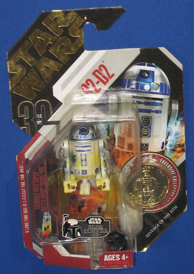 Star Wars R2-D2 30th Gold Coin  3.75'' Action Figure MOC Jets Blast 2006 Hasbro