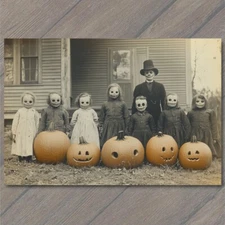 Art Print Spooky Family Portrait Skull Masks Pumpkins Halloween Vintage Aestheti