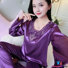 Women's Silk Satin Pajamas Set Long Sleeve V Neck Sleepwear Loungewear Pyjamas