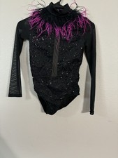 Weissman Girls Medium Black Dance Costume Leotard With Glitter And Fringe