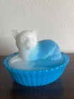 Vintage Westmoreland Cat on Nest Slag Milk Glass - Lt. Blue & White