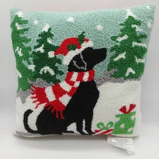 Glitzhome Hooked Christmas Dog Throw Pillow Winter Scene Holiday Décor 14"