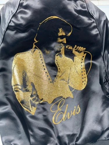 Vtg Diamond Dust Elvis Presley Jacket Mens S Black Satin Bomber Glitter Graphic image 2