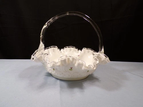 Fenton Painted Violets In the Snow Milk Glass Silver Crest Spanish Lace Basket