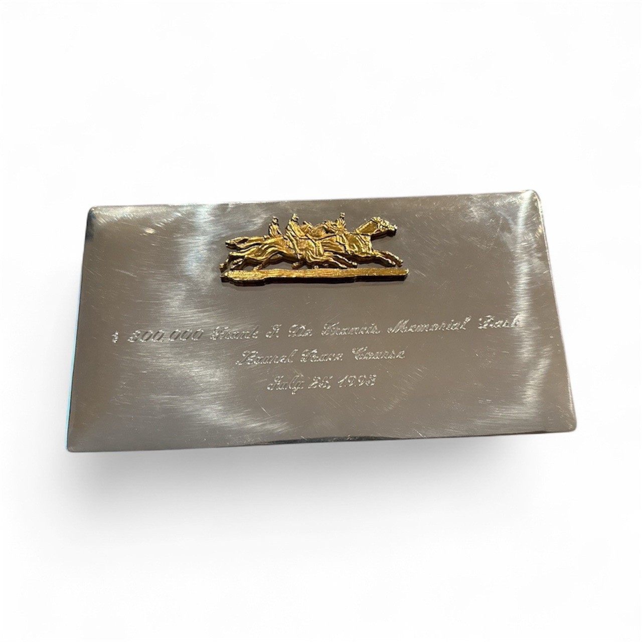 KIRK STIEFF PEWTER COMMEMORATIVE PLAQUE TO FRANK J. DE FRANCIS MEMORIAL DASH.