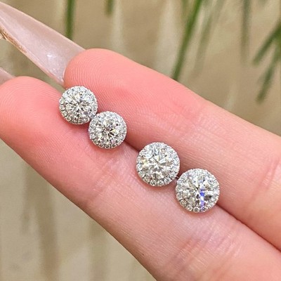Pt950 Lab Diamond Round Stud Earrings, Platinum Round Cut Studs