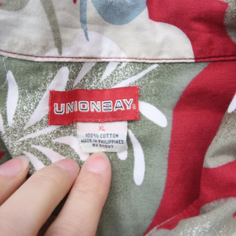Camisa Hawaiana Unionbay Para Hombres XL Roja Floral Manga Corta Algodón Abotonada Y2K Foto 3 de 4