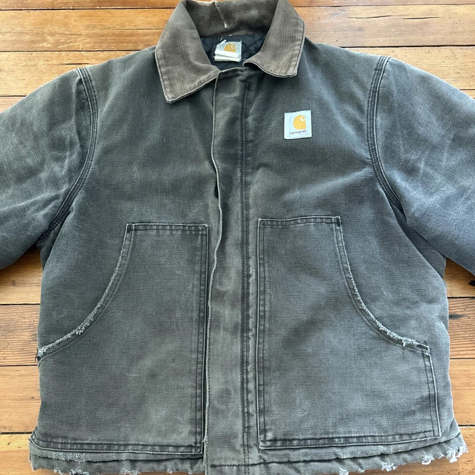 复古 Carhartt 绗缝艺术夹克黑色男式 L Perfect Fade Distressed — 第 3/4 张图片
