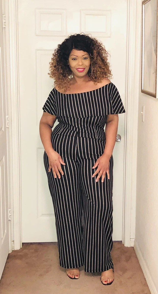 Striped off hotsell the shoulder jumpsuit