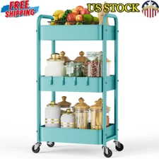 Metal 3 Tier Rolling Utility Cart with Wheels Hooks Organizer Storage Trolley