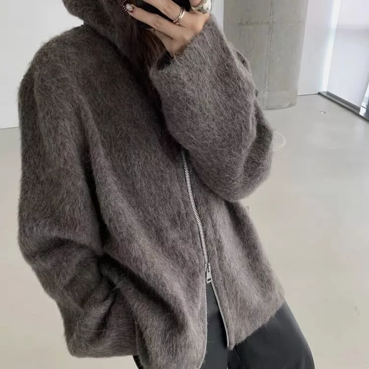 Mohair Zipper Cardigan Wool Blend Knit Sweater Hoodie Coat Mohair Zipper Cardigan Wool Blend Knit Sweater Hoodie Coat
