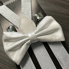 Metallic White Glitter Suspenders and Bow Tie Matching Set Wedding Prom Adult