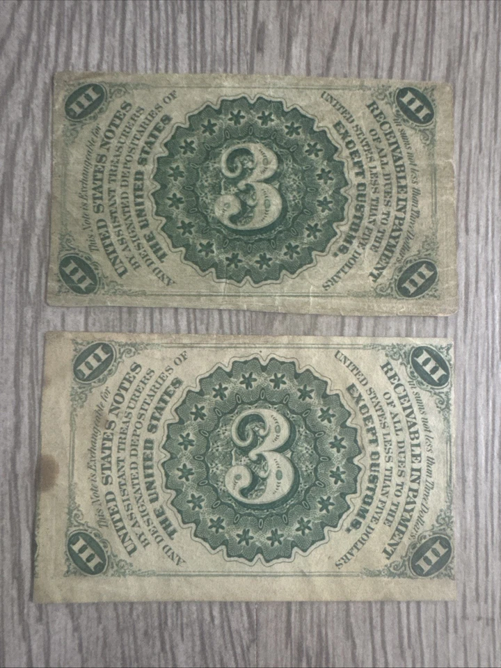 Two 1864-1869 United States Fractional Currency 3 Cent Treasury Currency Note JD - Image 3 of 4