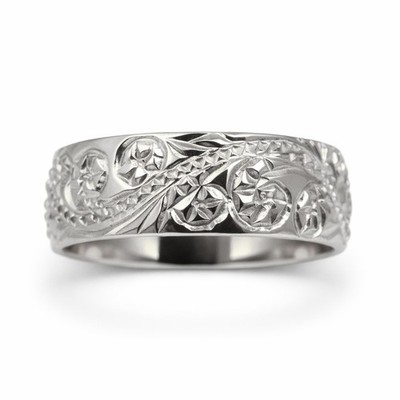 Massiver 14K Damen Weißgold handgraviert Royal Hawaiian Scroll Ring Band 6mm
