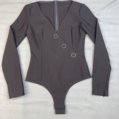 MISBHV Black V-Neck Long Sleeve Bodysuit Asymmetric Ring Detail Back Zip Small