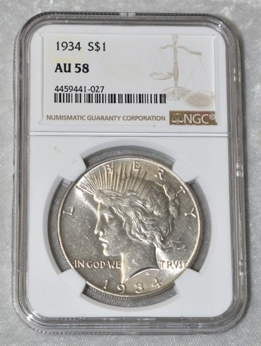 1934 P PEACE 90% SILVER $1 DOLLAR NGC CERTIFIED AU 58 AU58 PHILADELPHIA US MINT