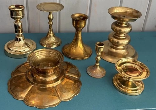 Mixed LOT 0F  7 Brass Candlesticks 2.25” to 6” Tall Wedding Events Decor MCM