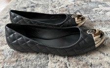 Tory Burch Kaitlin Black Quilted leather ballet flats gold cap toe Shoes SIZE 8