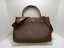 Guess Lisbet 2 Compartment Woven Hand Bag In Brown & Gold