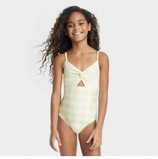 Girls' L 10/12 Gingham Check One Piece Swimsuit - Cat  Jack  Green/yellow NWT