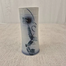 Handmade Signed Pottery Tumbler Vase “Orig NATURELLE” Blue Brushstroke Art