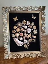 Vintage Jewelry Art Collage Framed On Black Velvet Gold Tone And Pearls