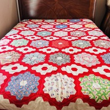102 x90 Handmade King Grandmother's Flower Garden Quilt .