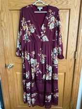 Boutique Womens 2X Maxi Dress Burgundy Floral Romantic Coquette Cottage Core
