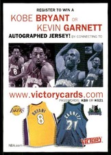 2000-01 Upper Deck Victory Win A Kobe Bryant or Kevin Garnett Autographed Jersey