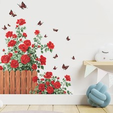 Removable Red Rose Wall Decal with Butterfly, Large Floral Peel and Stick Sti...