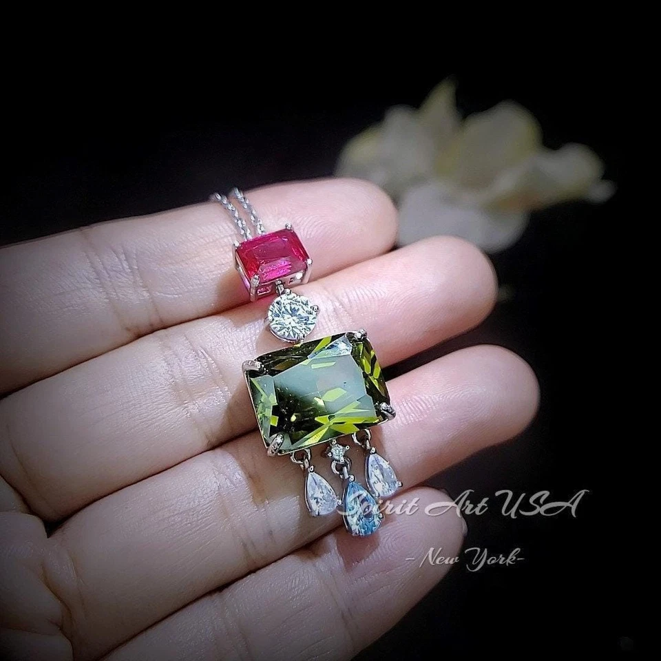 Geometric Scissor Green Peridot Necklace - Sterling Silver Tassel Dangle Lab - Image 3 of 4