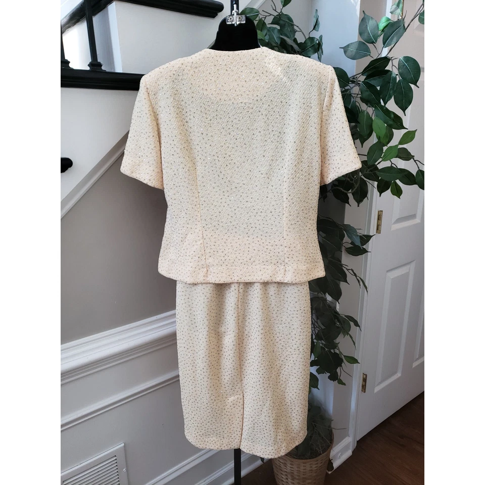 Conjunto de traje falda Leslie Fay para mujer 10 puntos brillantes beige manga corta botón delantero Foto 4 de 4