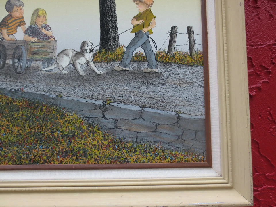 Serigrafia sobre tela Dog Won't Pull Wagon H Hargrove pintura emoldurada 24" X 20" - Imagem 3 de 4