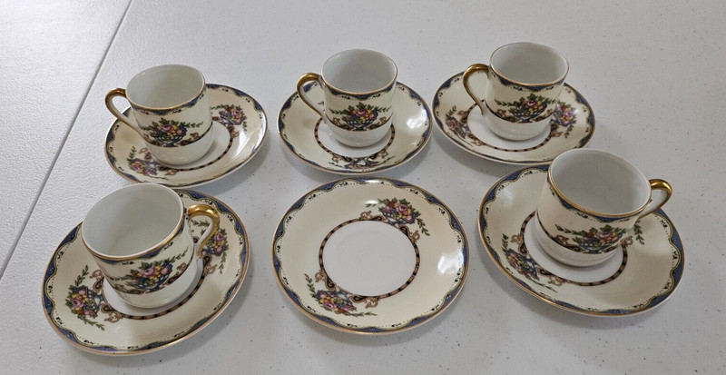 Vintage Noritake Mariana Hand Painted Demitasse 5 Cups & 6 Saucers