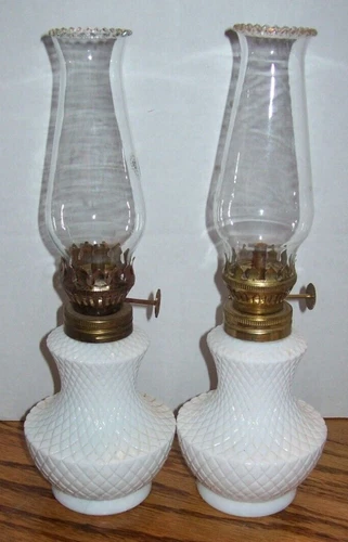 Vintage PAIR Mini Oil Lamps ~ White Milk Glass Diamond Pattern HONG KONG  9.5"