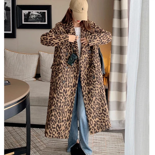 New Spring Women's Wool Coat with Leopard Print Loose Long Sleeved Fashion - Picture 22 of 24
