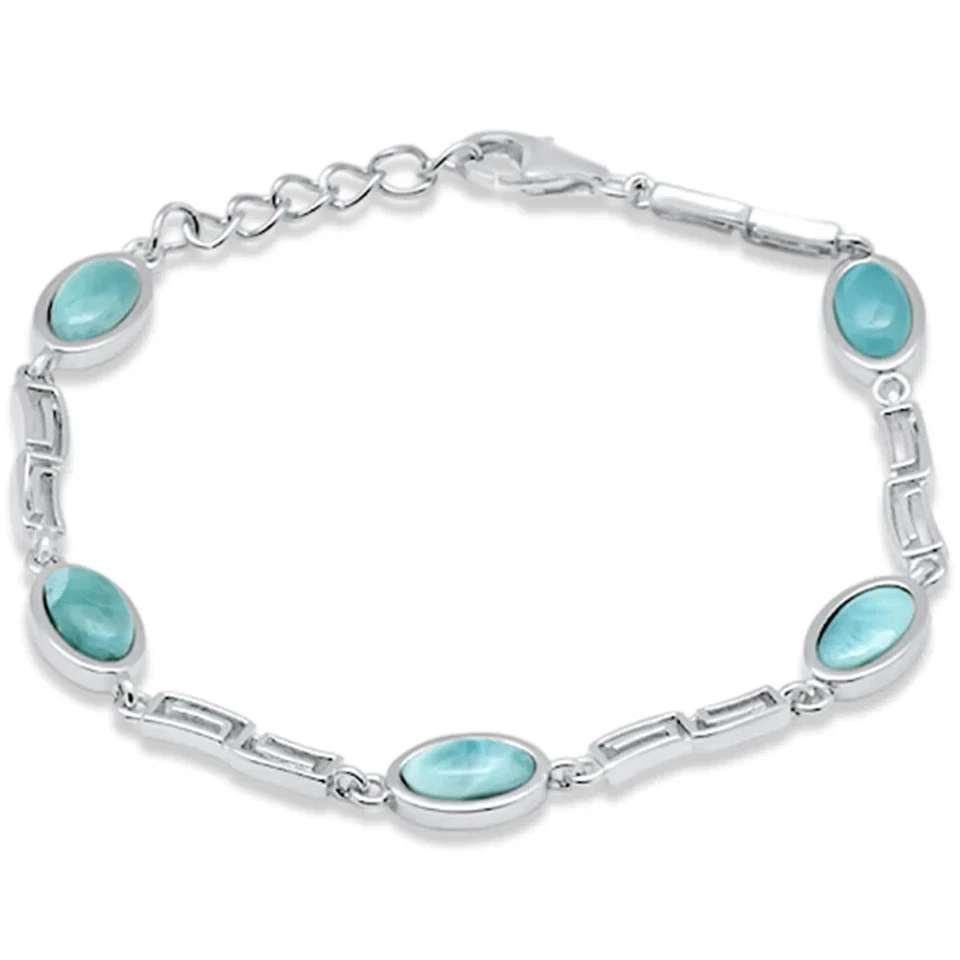 Brazalete de plata de ley .925 diseño griego Larimar natural forma ovalada 7,5" Adjus Foto 2 de 2