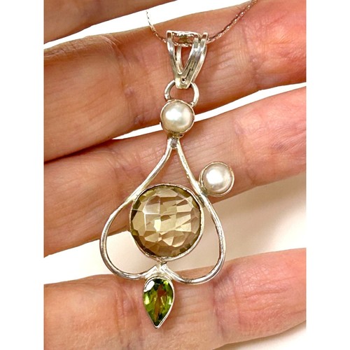 Women’s Pendant Necklace Italy Peridot Pearl S925 Sterling Silver 18” Vintage - Picture 4 of 19