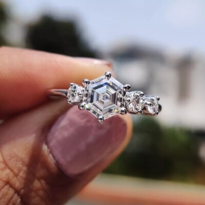 2 Ct Hexagon Cut White Moissanite Solitaire Engagement Ring Solid 14K White Gold