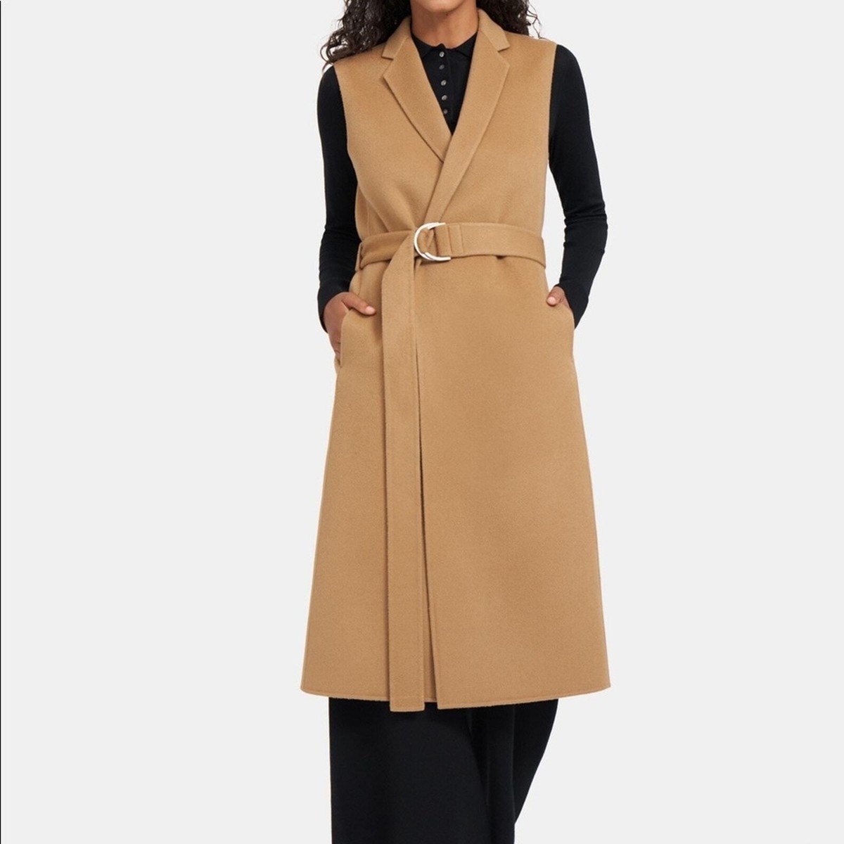 Theory Long Clairene Tan Wool Cashmere Sleeveless Belted Coat Size