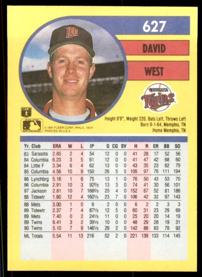 1991 Fleer David West Baseball Cards #627 - Image 2 of 2