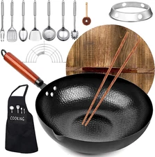 14-Piece Carbon Steel Wok Set Flat Bottom Non-Chemical Coating Wooden Lid New