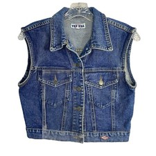 Vtg Denim Vest Cropped Yes Usa Juniors M Blue Sleeveless 80s 90s Women's Logo